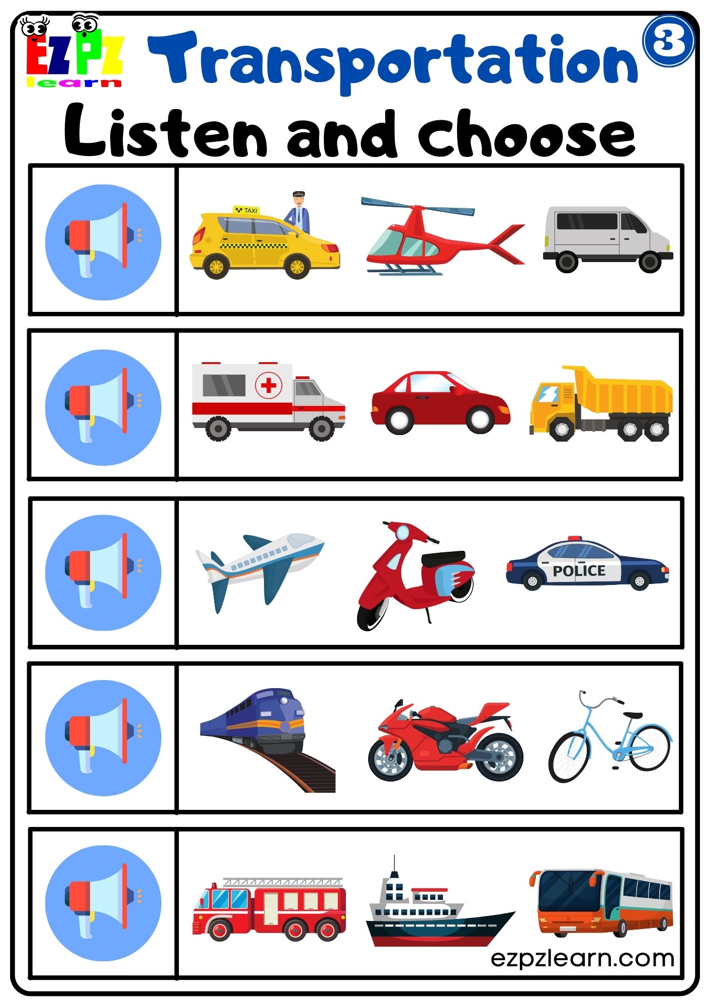 Interactive Worksheet for Transportation Listen and Choose the Correct Images Activity for Kids G3